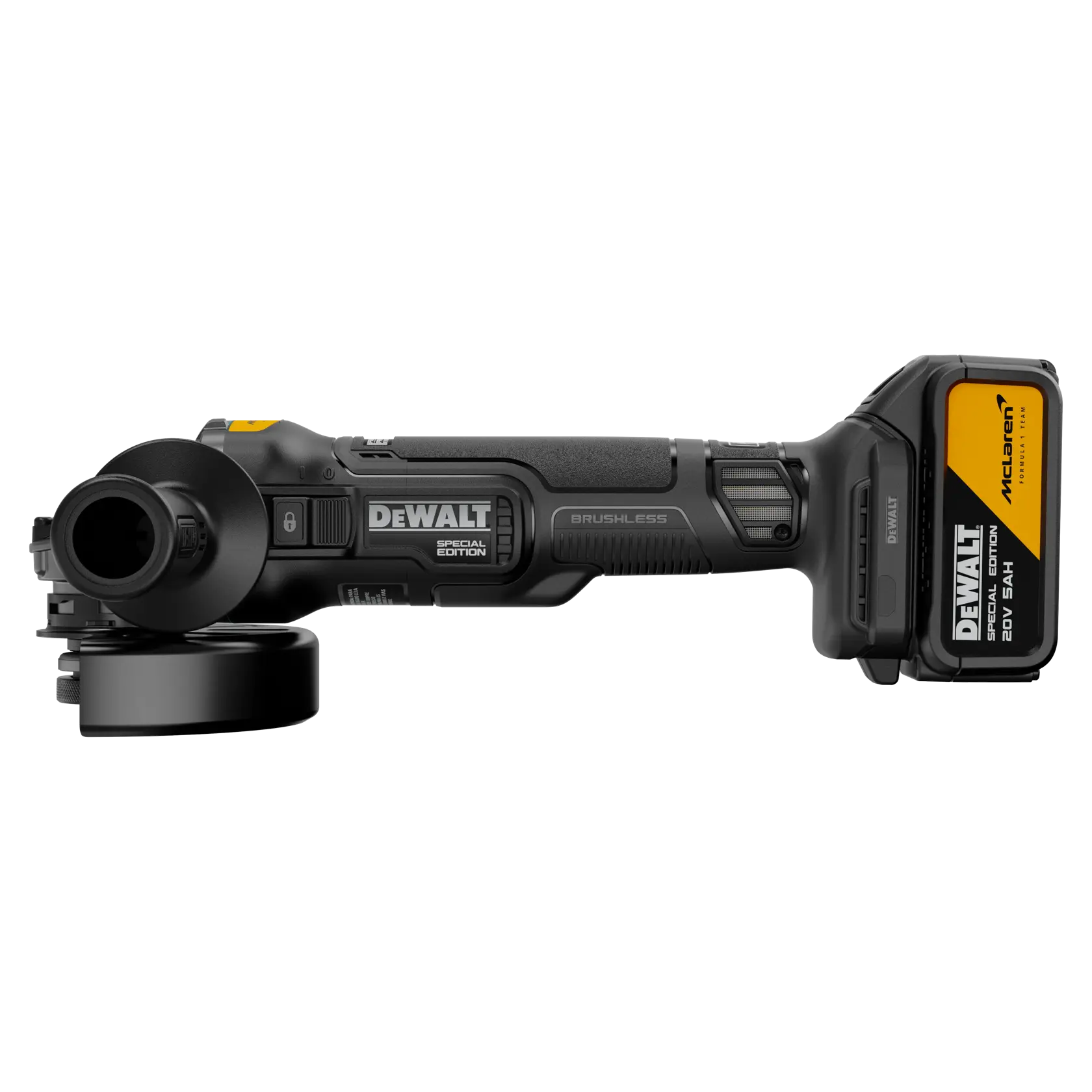 A DEWALT special edition cordless angle grinder with a brushless motor and a 20V battery, viewed from the side against a