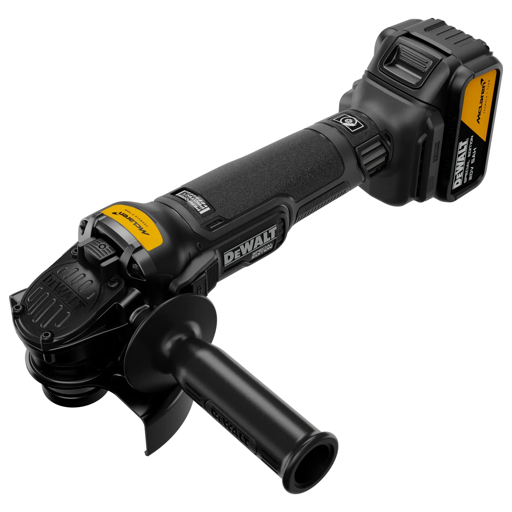 A DEWALT cordless angle grinder with a black body and yellow accents, featuring a side handle and a detachable battery pack