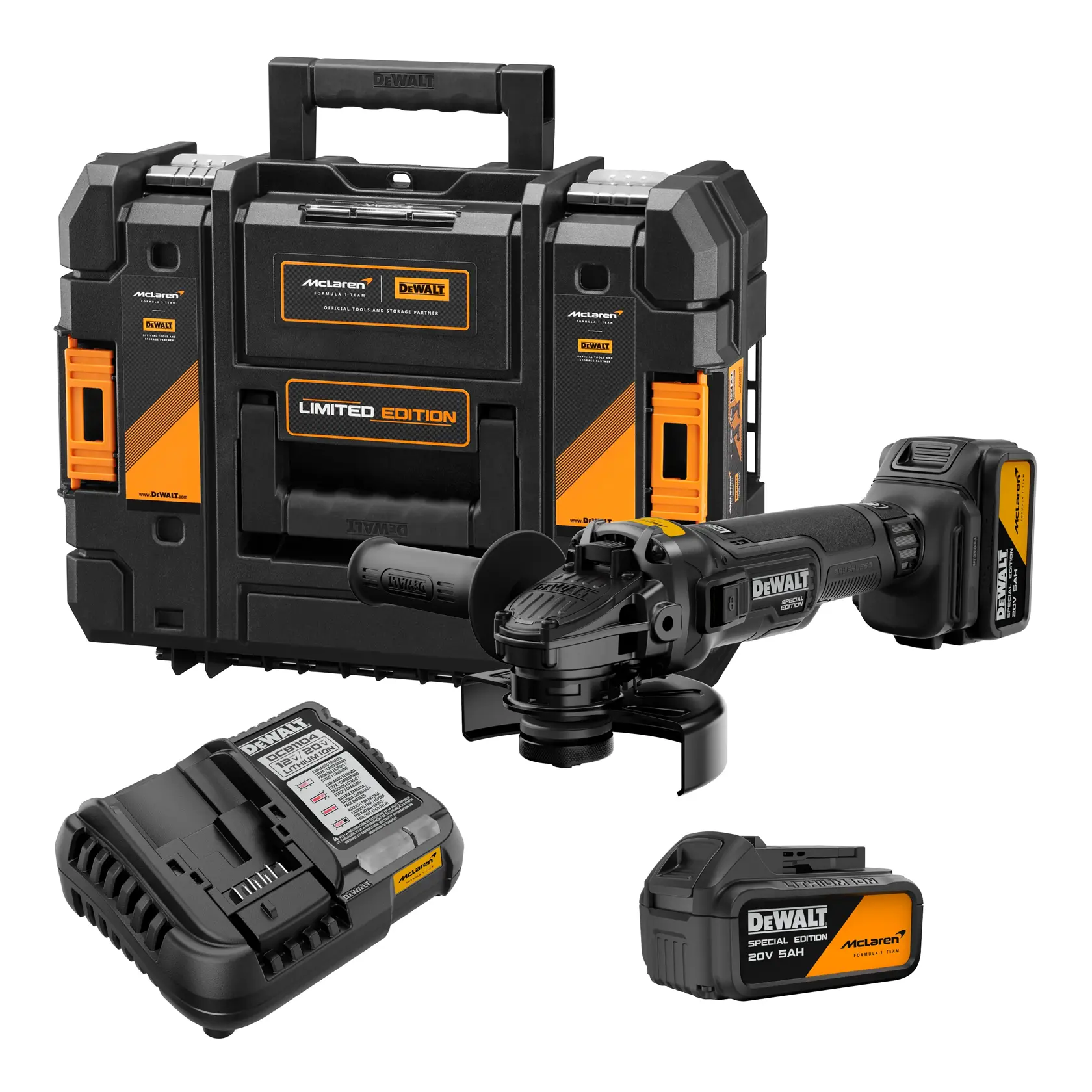 A DEWALT limited edition cordless angle grinder set, McLaren Special Edition, includes a black and orange carrying case