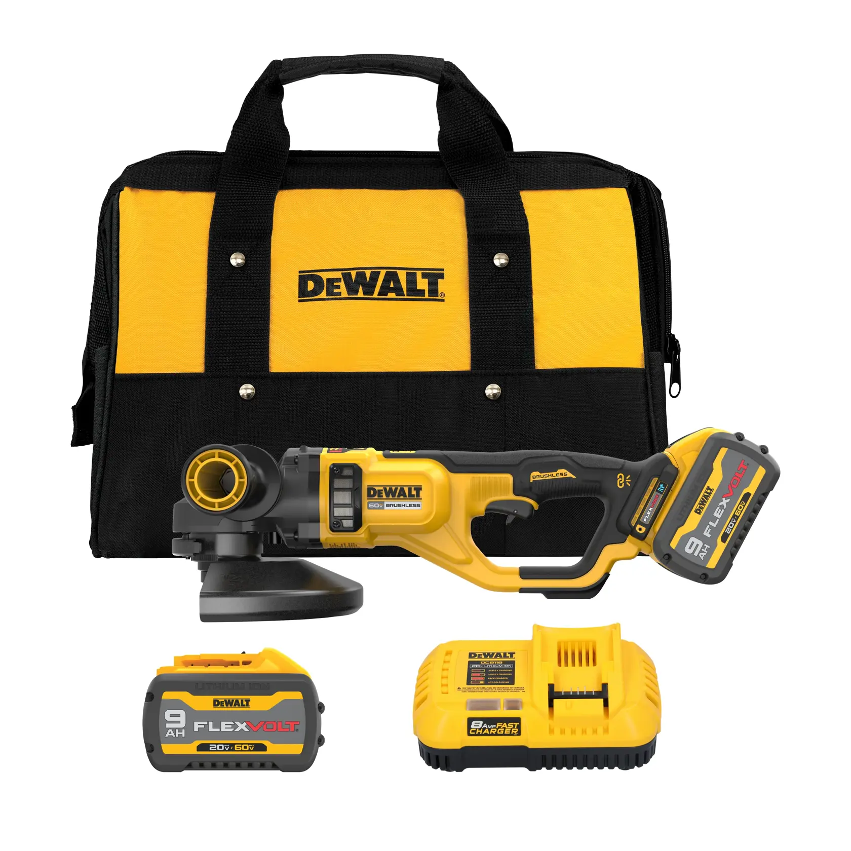 DEWALT® Kit de Esmeriladora Angular de 7" (180mm) - 9" (230mm) Inalámbrica sin Carbones de 60V MAX* FLEXVOLT®, (2) Baterías de 9.0Ah y Cargador