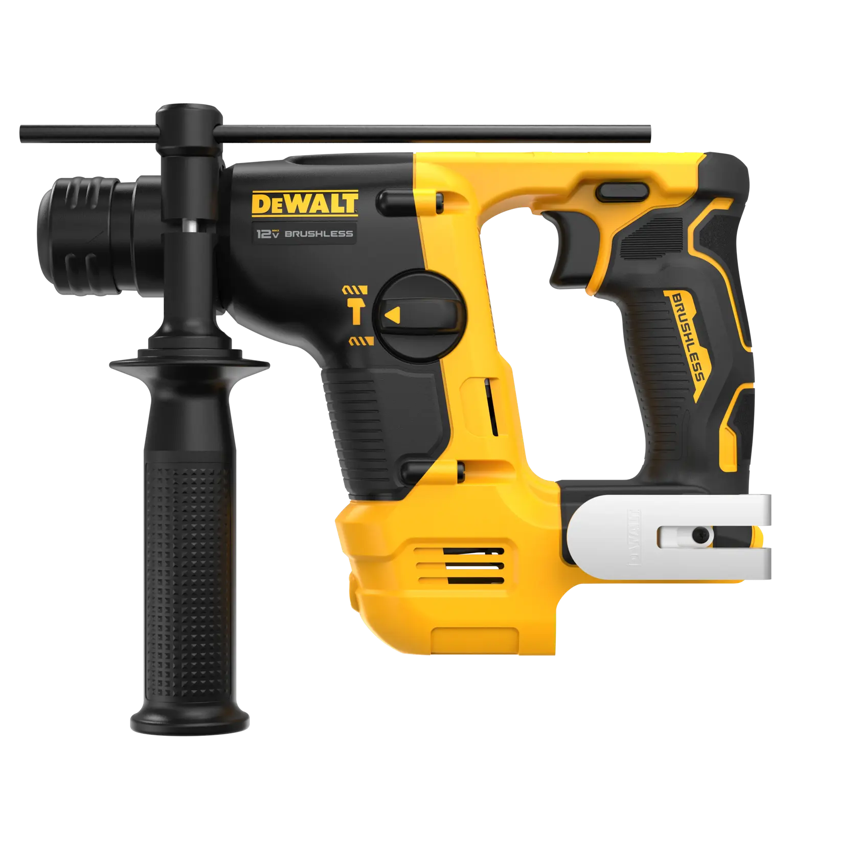 Left-facing side angle view of the DEWALT XTREME(™) 12V MAX Brushless Cordless 9/16 in. SDS PLUS Rotary Hammer (Tool Only)