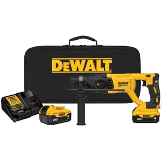 DEWALT 20V cordless rotary hammer drill kit, including a yellow and black hammer drill, two battery packs, a charger, and a black carrying case with DEWALT logo.