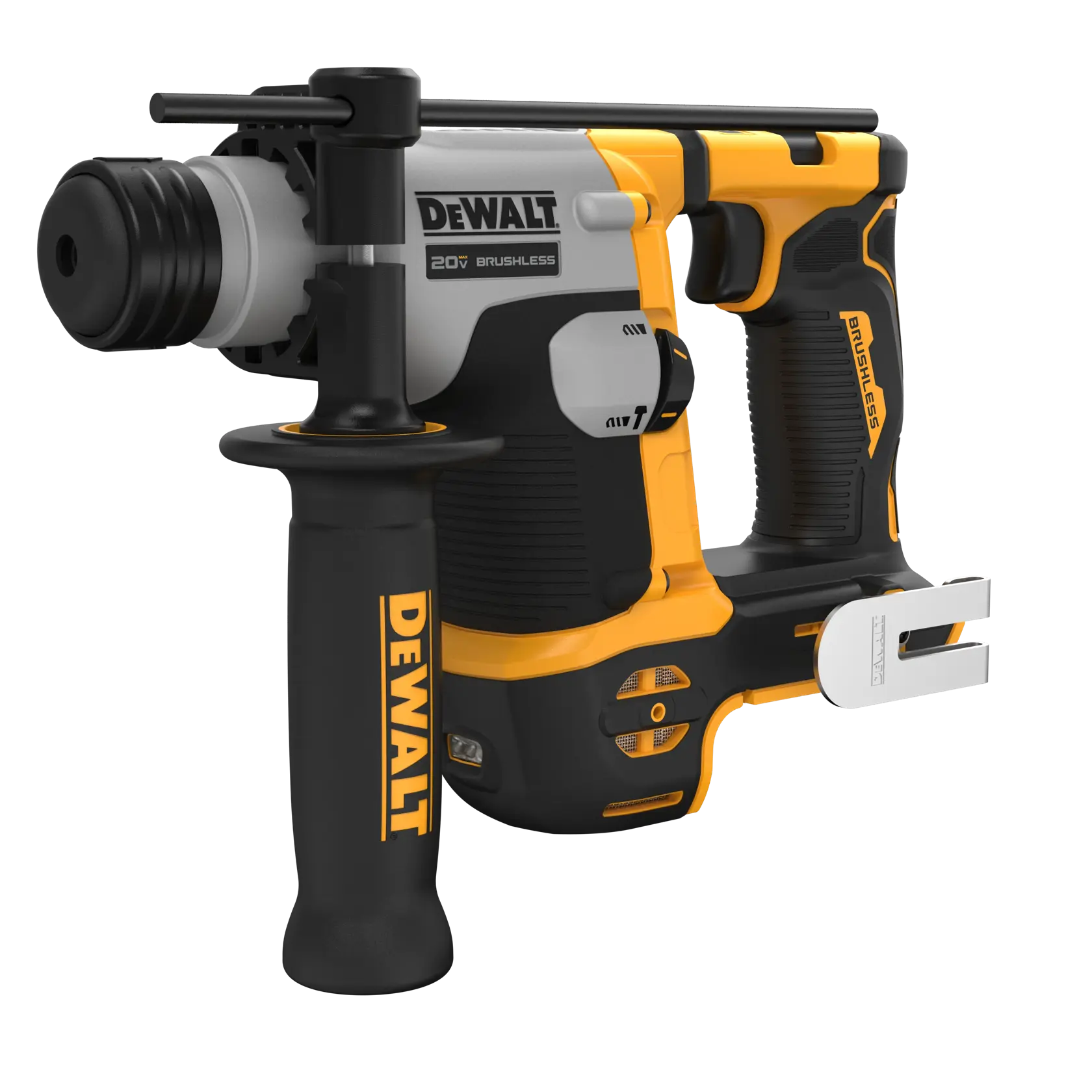 Profile of atomic 20 volt five eighths inch brushless cordless S D S plus rotary hammer tool.