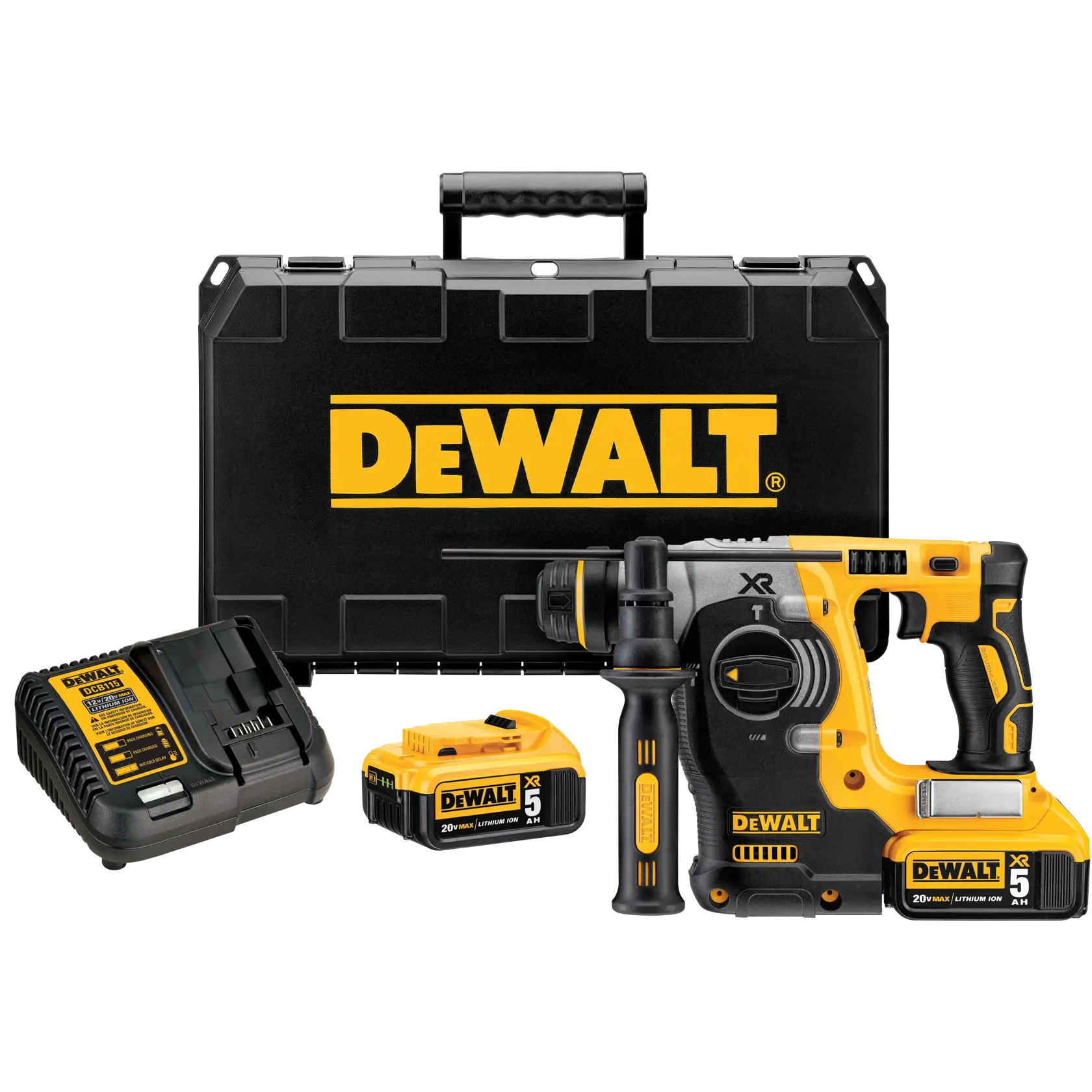 DEWALT® 20V MAX* XR® Kit De Rotomartillo de 1" (26mm) sin Carbones con Mango en L, 2.1j, Cargador, (2) Baterías de 5.0 Ah y Caja