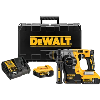 DEWALT® 20V MAX* XR® Kit De Rotomartillo de 1" (26mm) sin Carbones con Mango en L, 2.1j, Cargador, (2) Baterías de 5.0 Ah y Caja