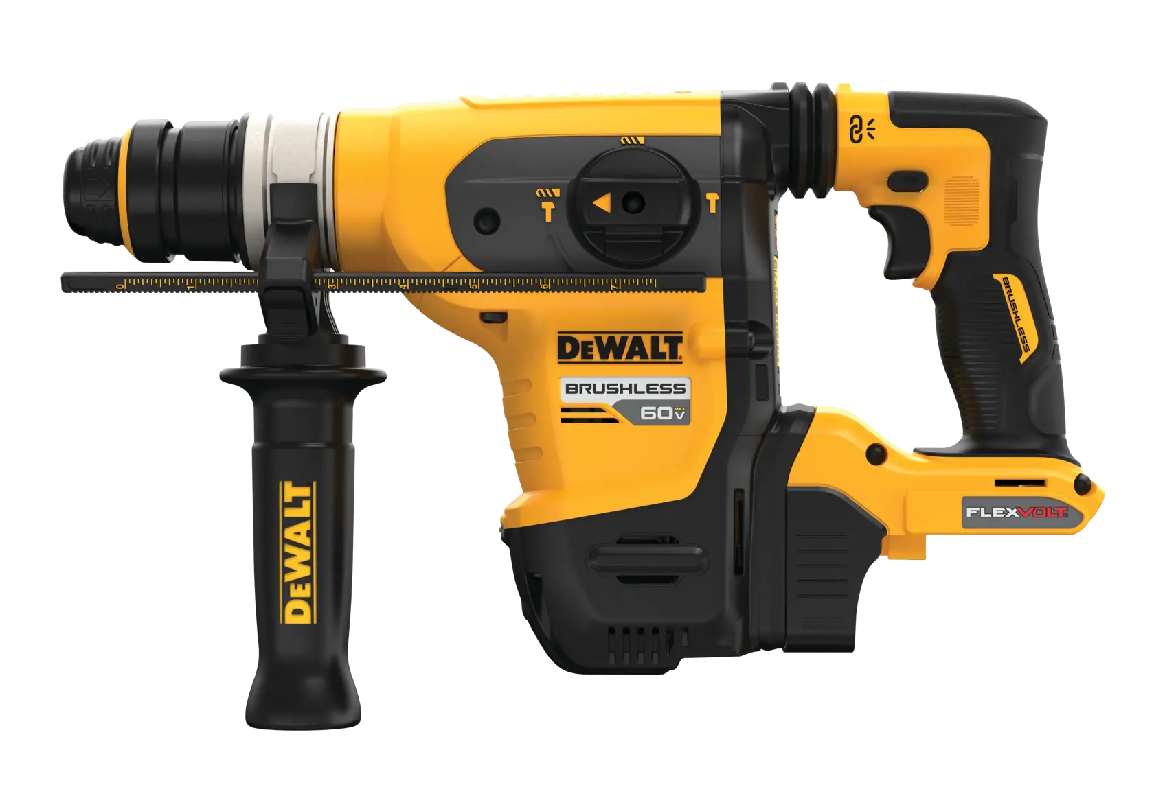 Right side of 60 volt 1 and quarter inch brushless cordless S D S plus rotary hammer tool.