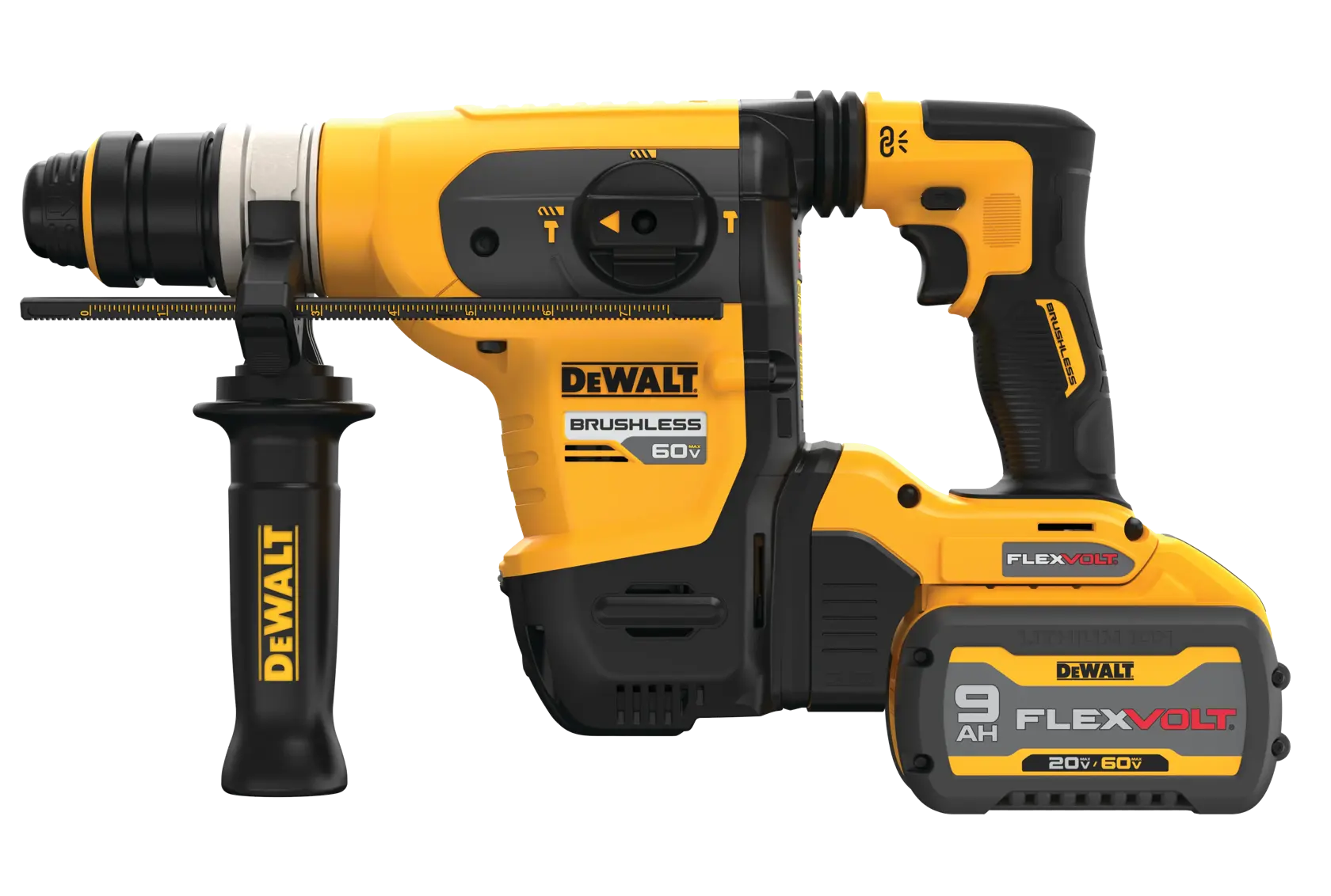 Right side of 60 volt 1 and quarter inch brushless cordless S D S plus rotary hammer kit.