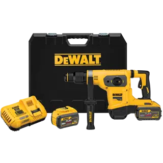 A DEWALT rotary hammer drill kit, including a yellow and black cordless rotary hammer drill, two FLEXVOLT batteries, a charger, and a hard carrying case with DEWALT logo.