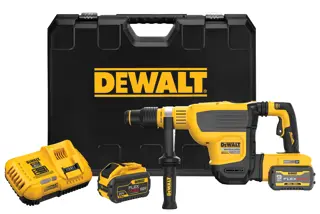 A DEWALT cordless rotary hammer drill kit, including a yellow and black rotary hammer drill, two batteries, a charger, and a carrying case with the DEWALT logo.