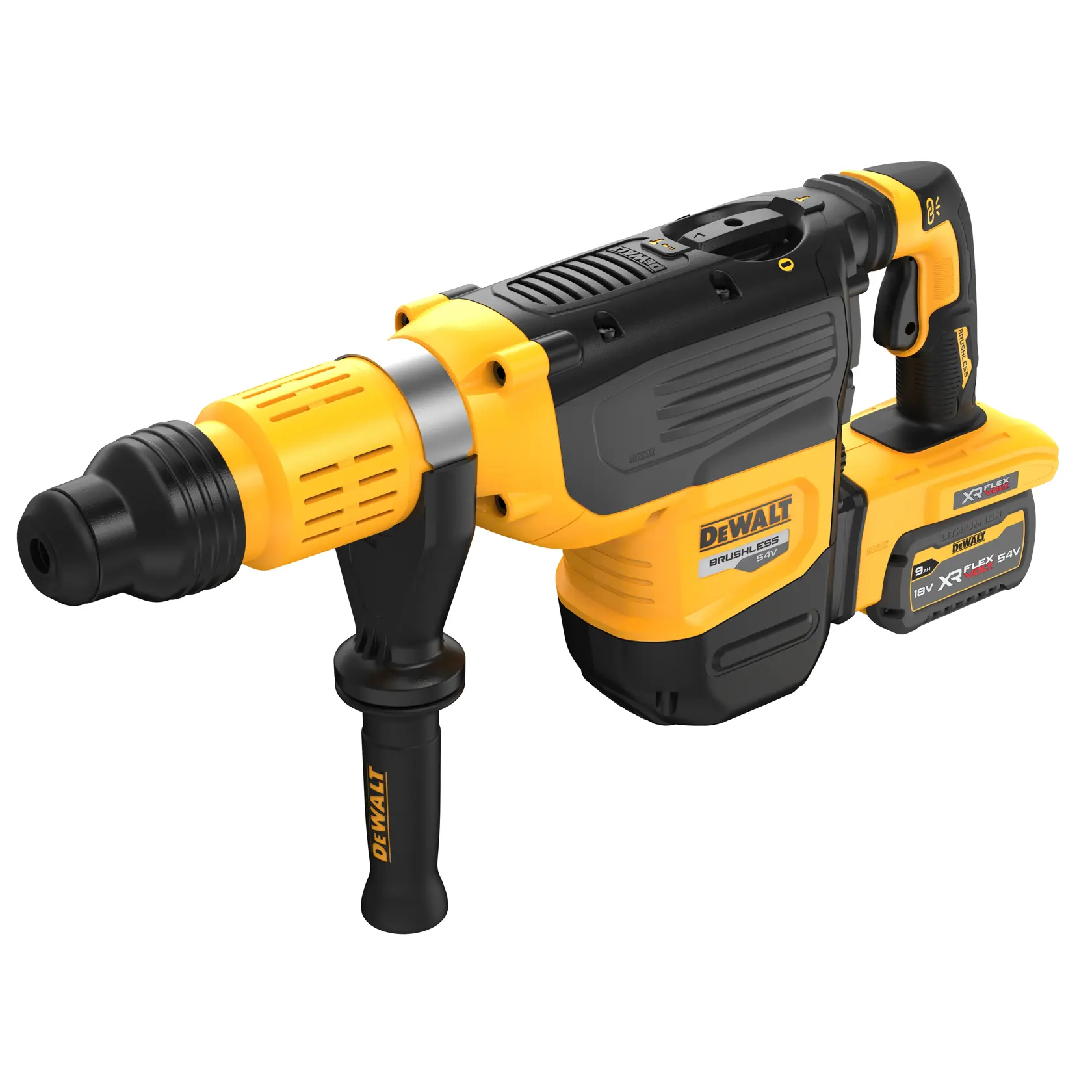 DEWALT® Kit de Rotomartillo Combinado SDS MAX de 2" (52mm) sin Carbones de 19.4J de 60V MAX* FLEXVOLT®, (2) Baterías de 9.0 Ah y Cargador