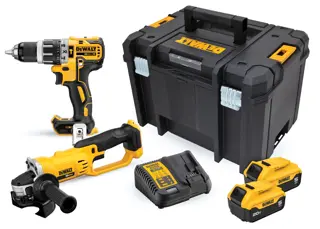 Hammer Drill and Grinder Kit, batteries, charge and tool box on white backgroun front view