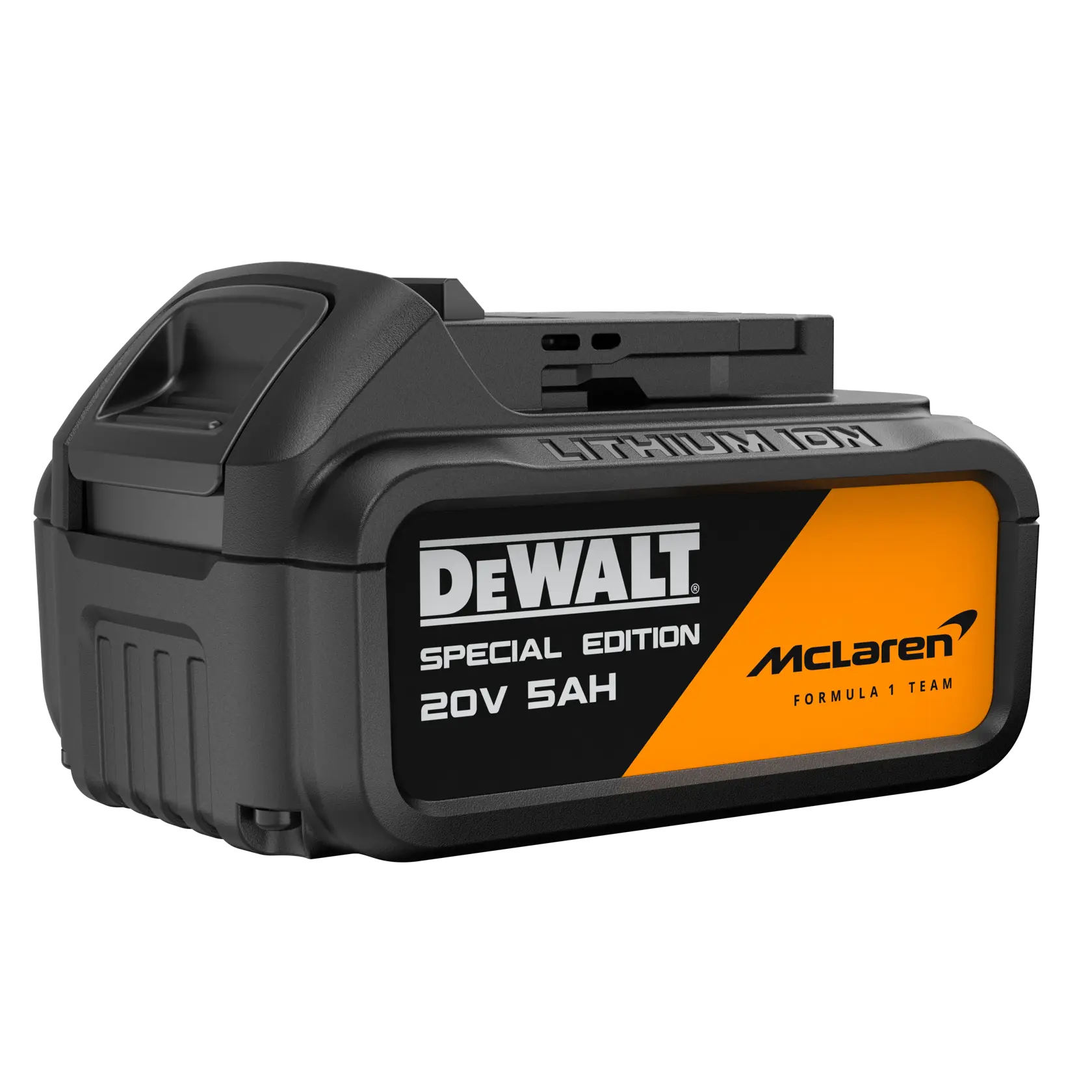A DEWALT special edition 20V 5AH lithium-ion battery with McLaren Formula 1 Team branding, featuring black and orange colors.
