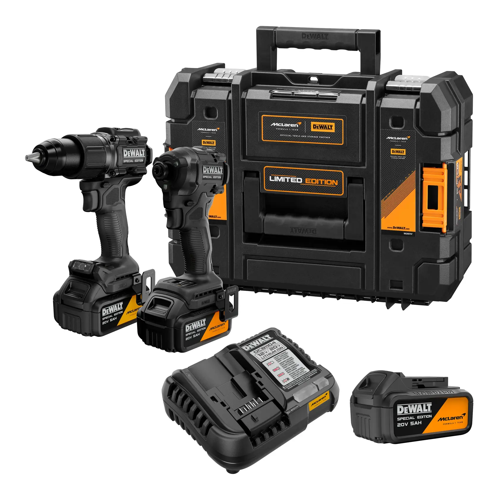 DEWALT limited edition tool set featuring two cordless power tools, a robust black and orange carrying case, a battery