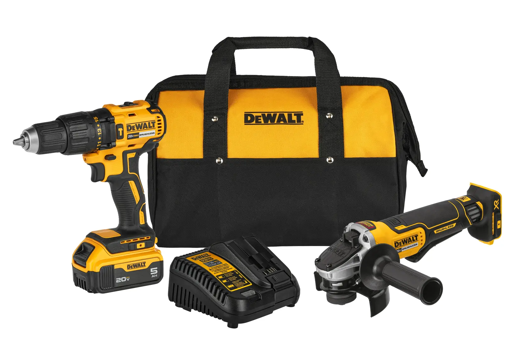 Hammer Drill and Impact Driver, charger and bag combo on white background front view