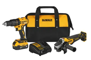 Hammer Drill and Impact Driver, charger and bag combo on white background front view