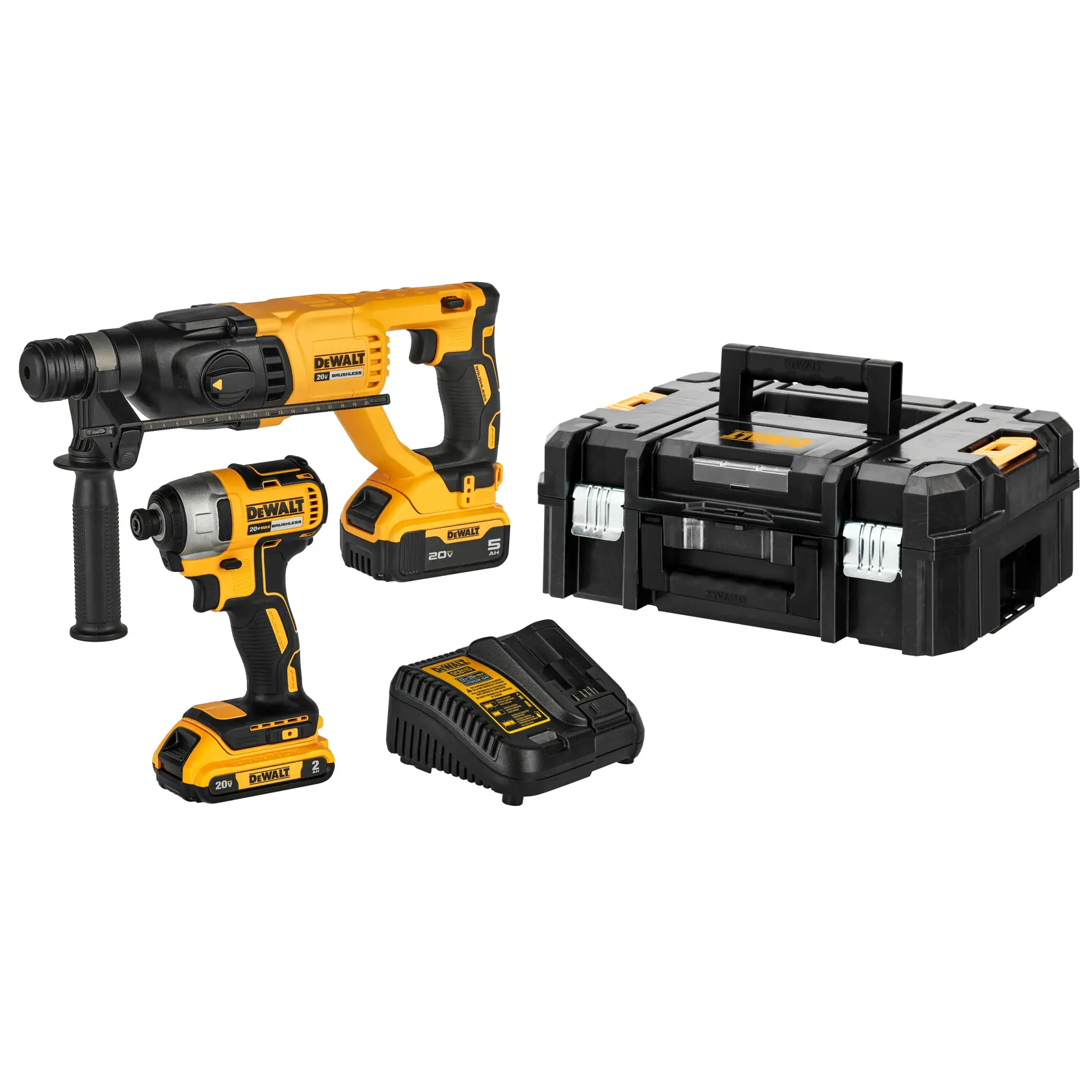 Compact Cordless Jigsaw and Hammer Drill/Driver, battery and its charger on white background