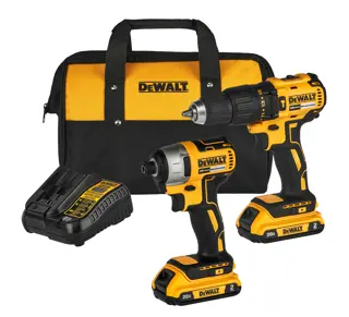 Compact Cordless Hammer Drill/Driver, Compact Cordless Drill/Driver with a 20V 2Ah battery, its charger and its Bag on white background