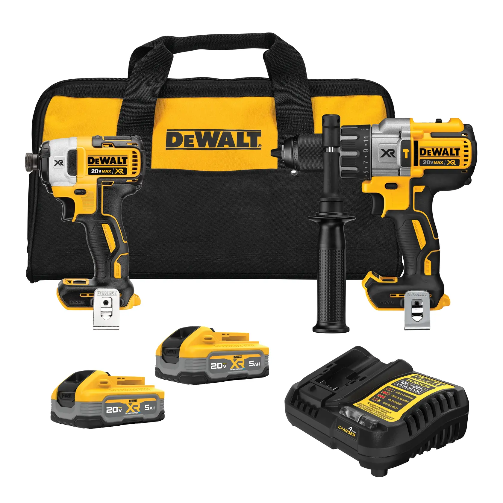 Hammer Drill and Impact Driver, 2 POWERSTACK 5.0AH Batteries, Charger and Bag Combo on