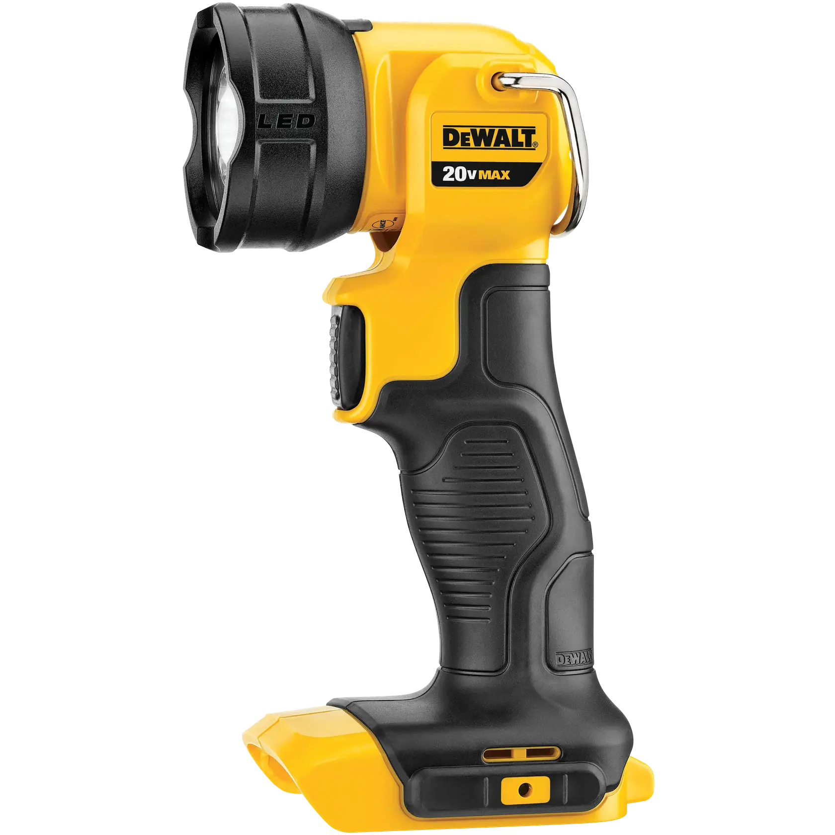 Photo of DEWALT LED flashlight, model SKUs DCL040B, DCL040, 20V MAX, side view, yellow and black, photography category.