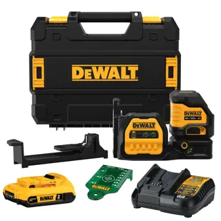 DEWALT laser level kit including a black and yellow hard carrying case, a laser level device, a lithium-ion rechargeable battery, a battery charger, a mounting bracket, and a green target card. All items are branded with the DEWALT logo.
