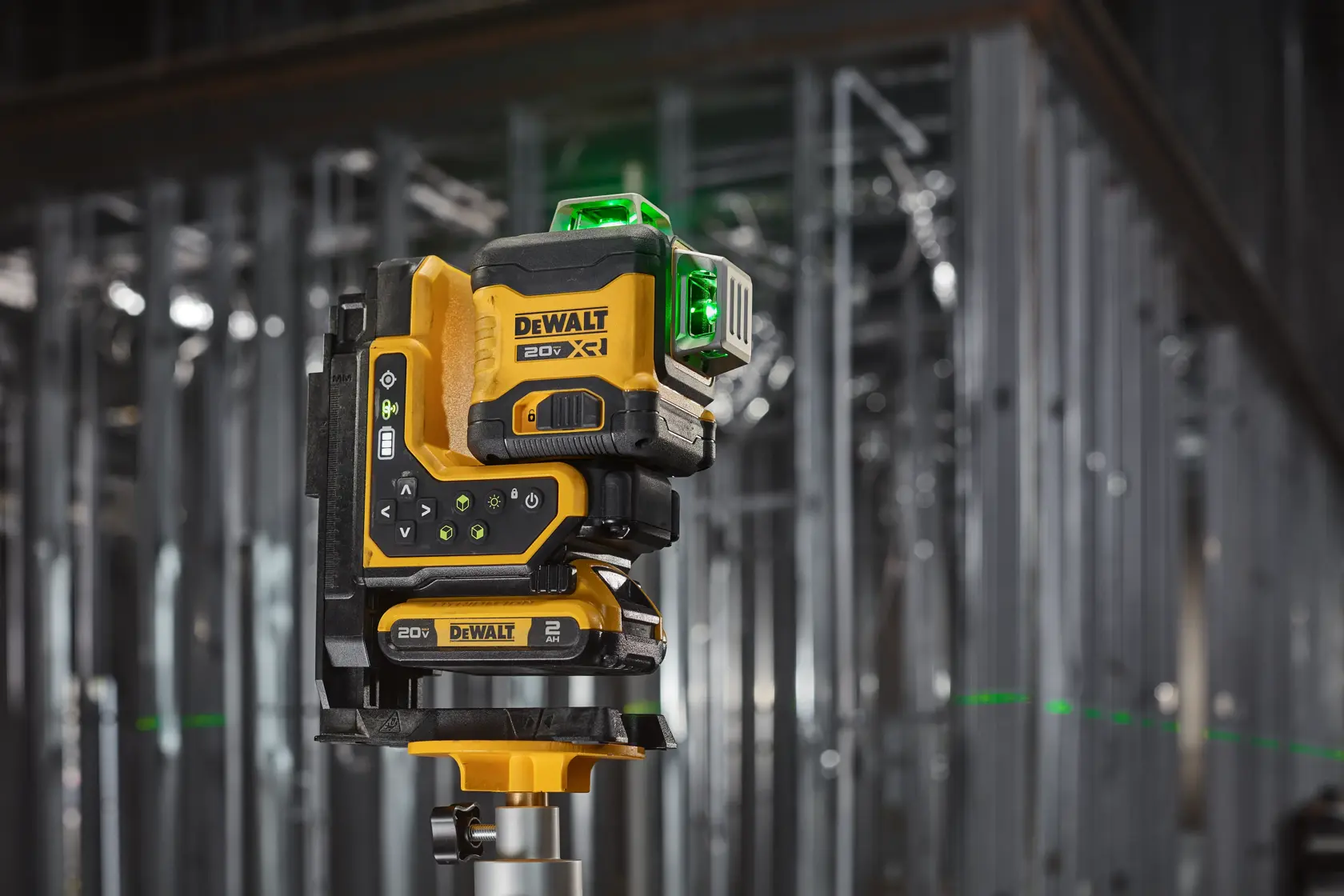 Hero shot of the 20V MAX* XR® Remote Control 360º Line Laser showing a line on the wall