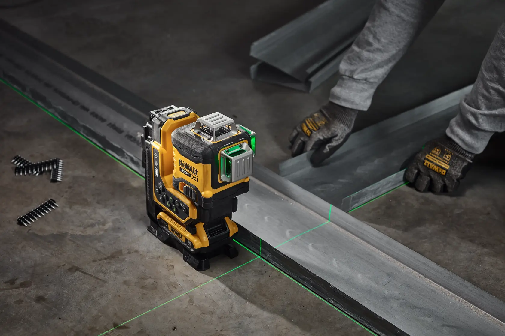 Close up control panel view of the 18V 3X 360 Remote Control Laser in use attached to tripod with its magnetic bracket