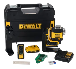 A DEWALT laser level kit including a black and yellow hard case, laser level device, battery, remote control, charger, ruler, target card, and two small batteries.