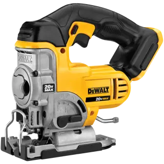A DEWALT 20V MAX cordless jigsaw with a yellow and black body, ergonomic handle, and metal base plate, suitable for precision cutting tasks.