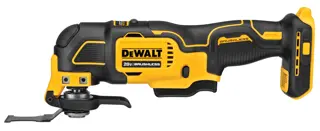 A DEWALT 20V cordless brushless oscillating multi-tool with a black and yellow design, featuring a blade attachment and ergonomic handle.