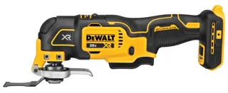 A DEWALT 20V brushless cordless oscillating multi-tool, featuring a black and yellow ergonomic design, displayed against a white background.