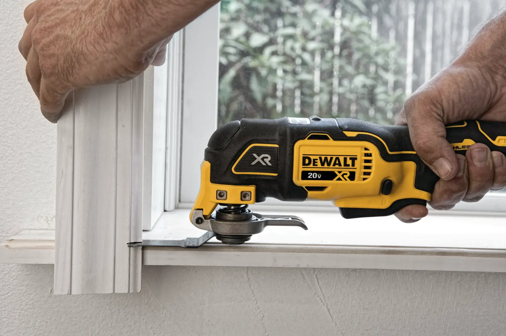 XR Cordless Oscillating Multi Tool being used to trim a wooden window frame