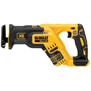 A yellow and black DEWALT 20V Max XR cordless reciprocating saw, shown from the side with branding and labels visible.