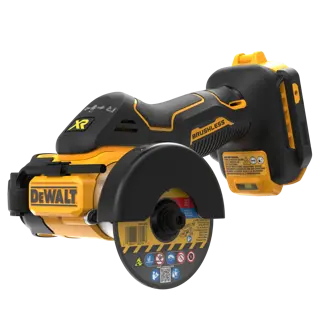 A close-up of a DEWALT cordless brushless angle grinder. The tool features black and yellow colors, a protective guard over the cutting disc, and safety and usage labels on the side.