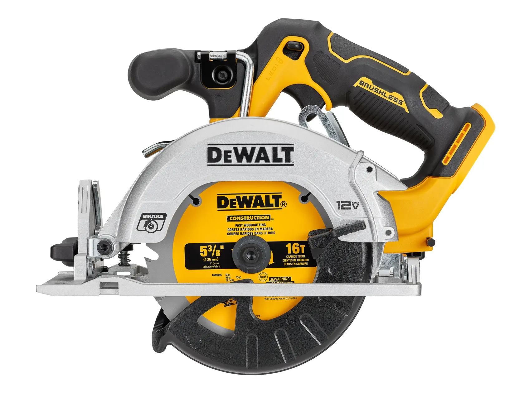 Right side of xtreme 12 volt 5 and three eighths inch brushless cordless circular saw tool.