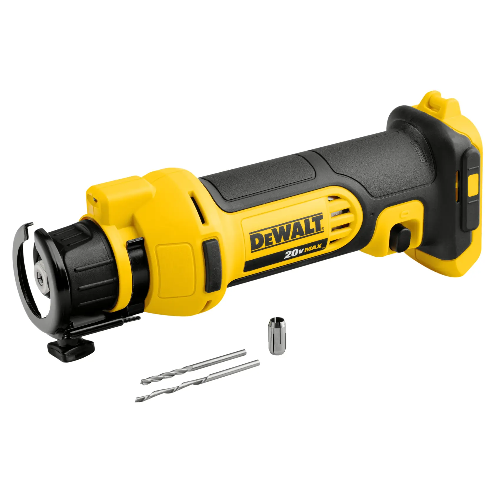 A DEWALT 20V MAX cordless rotary tool, shown with two drill bits and a collet attachment. The tool is yellow and black.