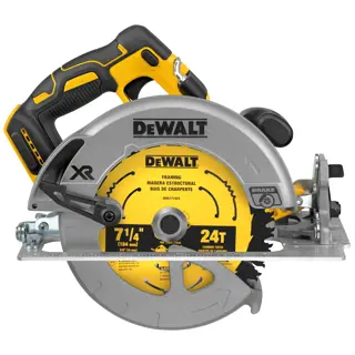 A DEWALT cordless circular saw with a yellow and black handle, shown from the side. The saw blade is labeled 7-1/4 inch, 24T framing, and the product has prominent DEWALT branding.