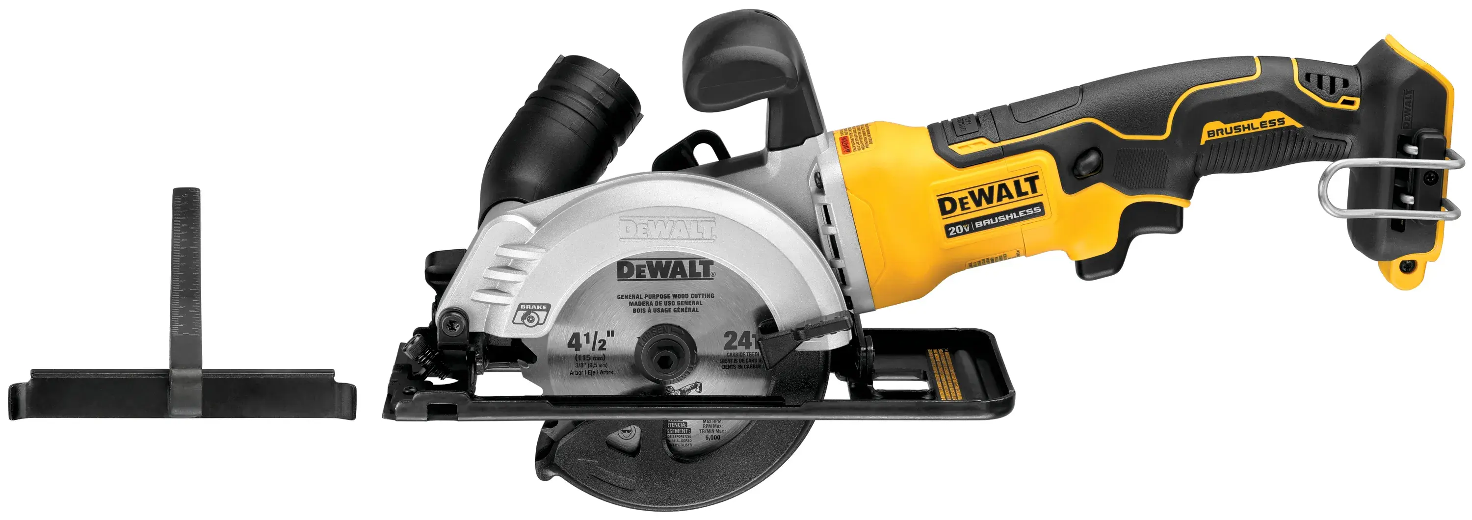 ATOMIC brushless cordless circular saw featuring rip fence and dust port adaptor.