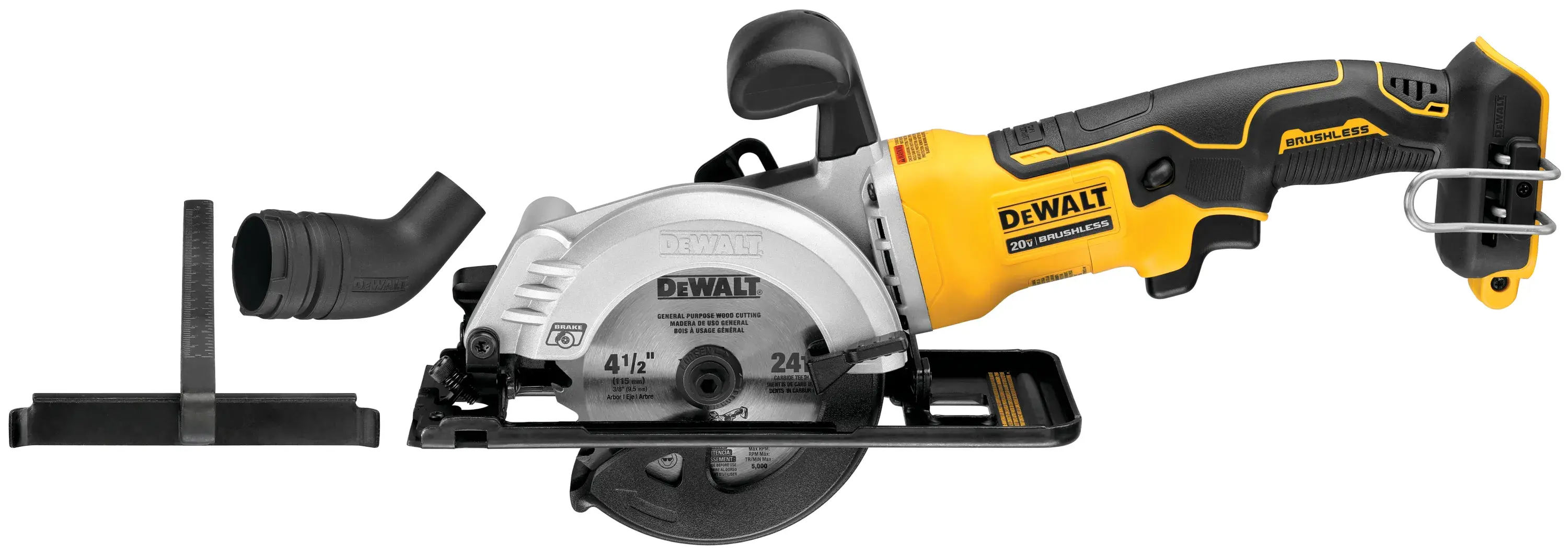 ATOMIC brushless cordless circular saw featuring rip fence and dust port adaptor.