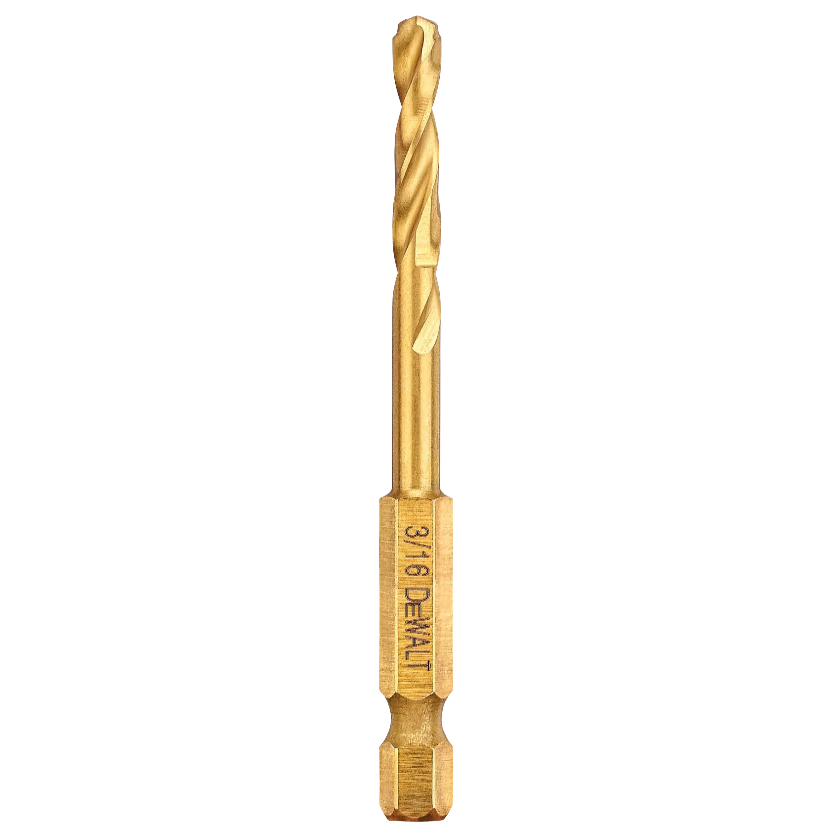 A single gold-colored DEWALT hex shank drill bit with 3/16 marking, designed for power tools.