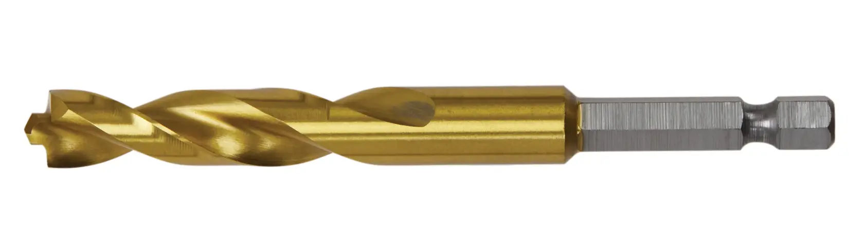 A close-up image of a DEWALT titanium-coated drill bit with a hex shank.