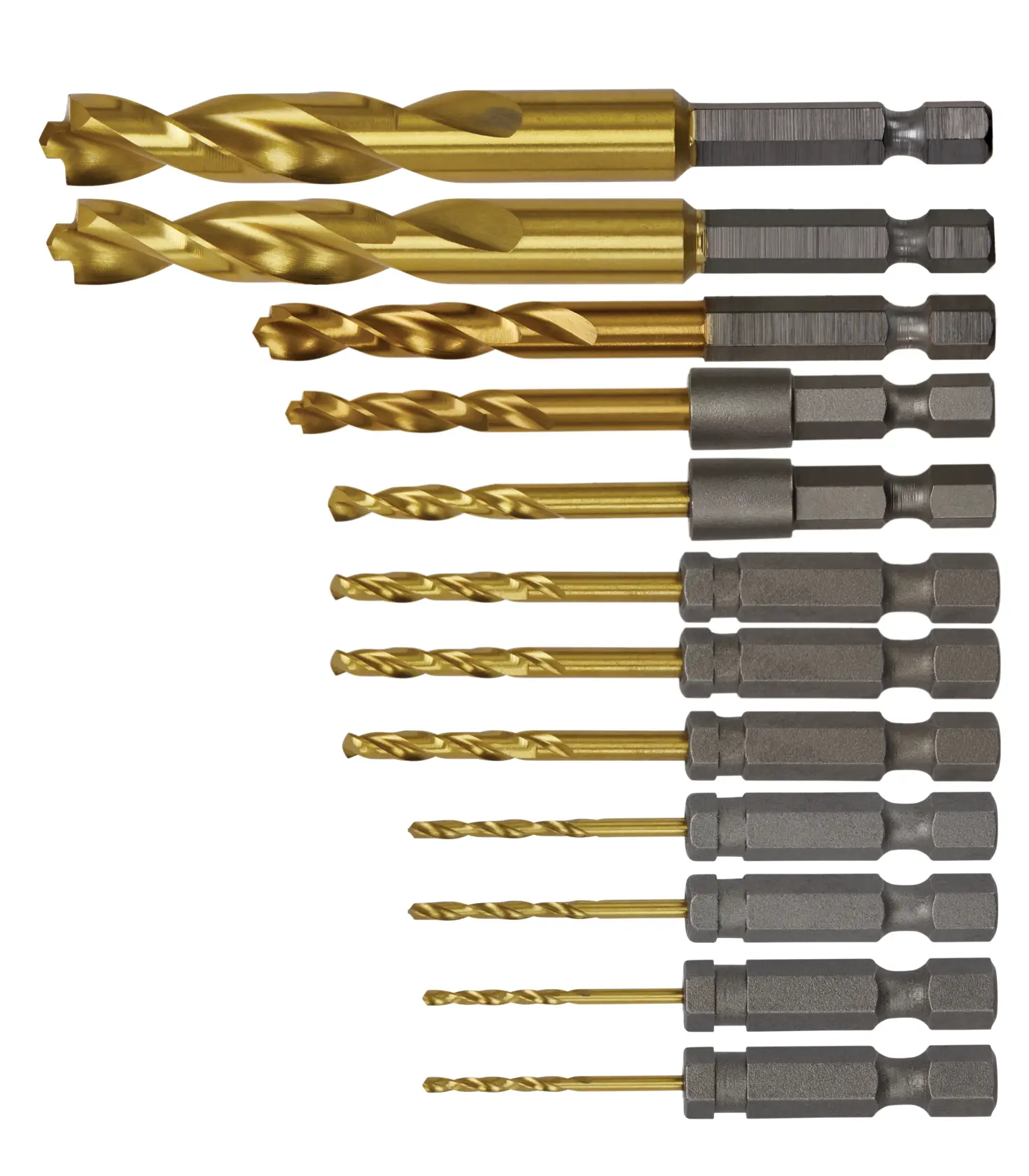 12 pieces of impact ready titanium nitride coated drill bits.