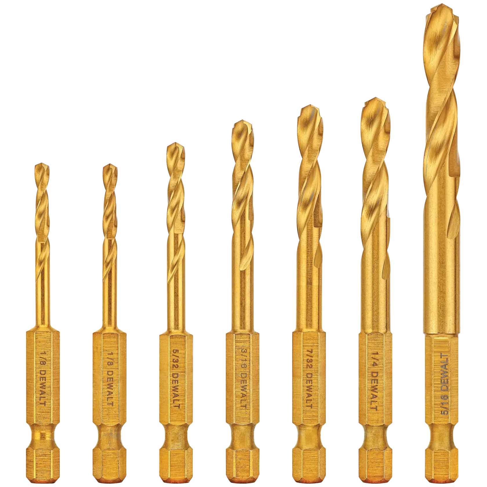 A set of seven gold-colored DEWALT hex shank drill bits, each labeled with its size, arranged in a row from smallest to largest.