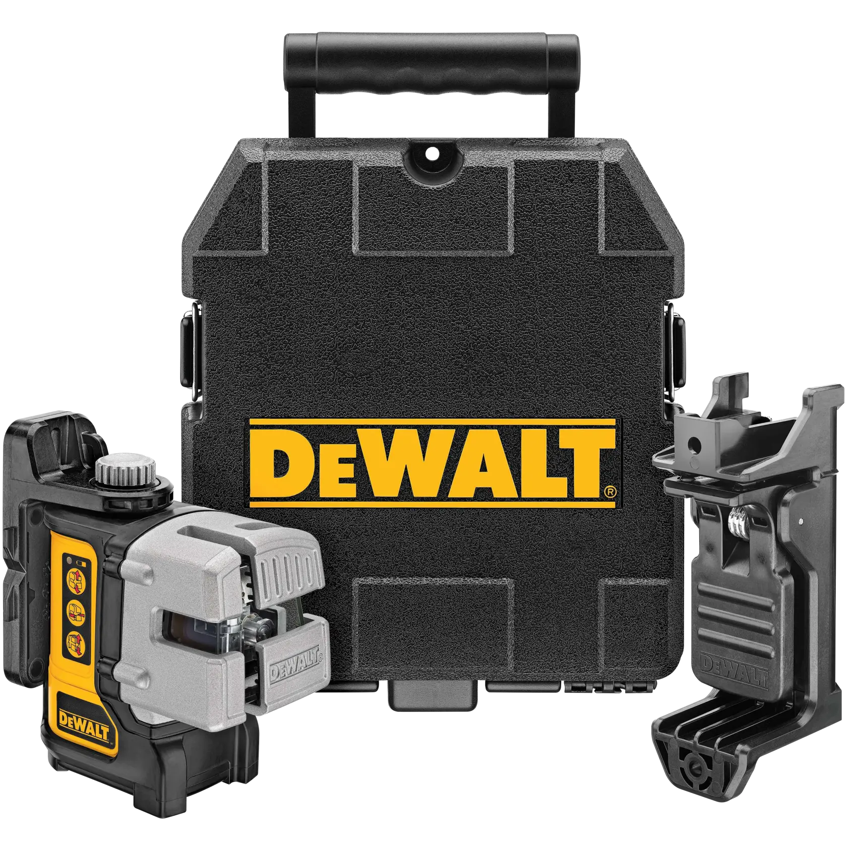 DEWALT DW089K laser level kit with a black carrying case, laser device, and mounting bracket.