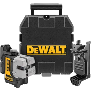 A DEWALT DW089K line laser kit including a laser measuring device, mounting bracket, and a hard carrying case with the DEWALT logo.