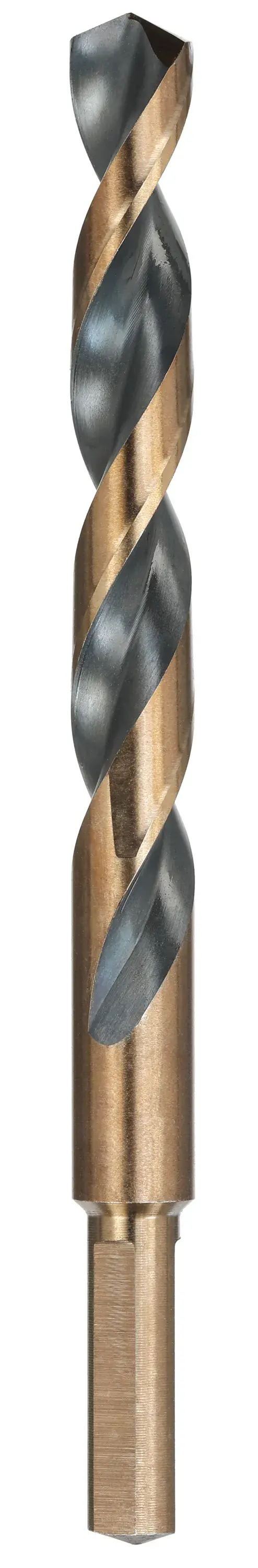 Dewalt 3/8 inch Black and Gold drill bit on white at a profile view