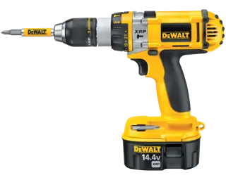 A yellow and black cordless power drill from DEWALT with a 14.4v battery, showing the side view with a drill bit attached.