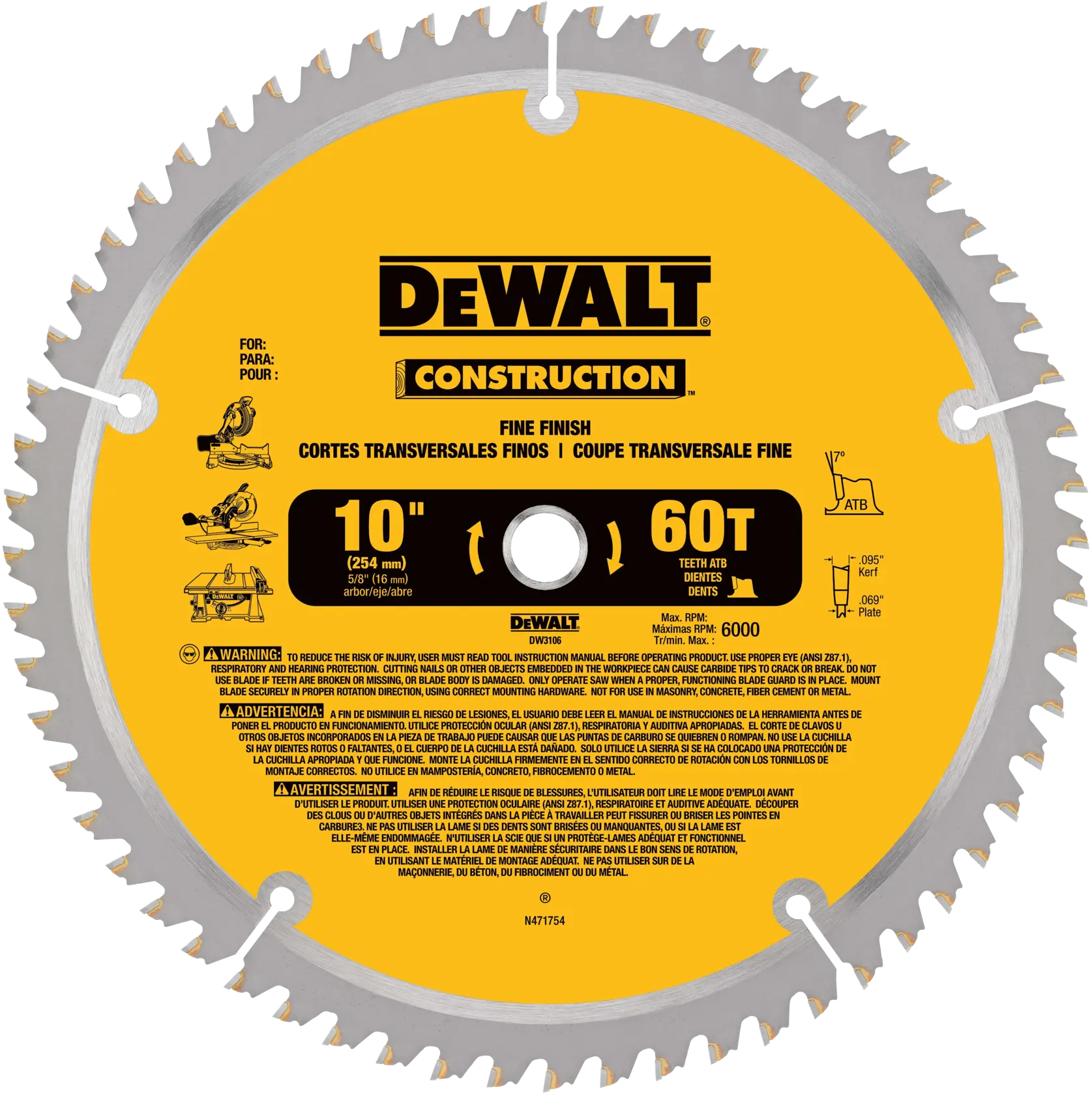 DEWALT® Hoja de Sierra para Ingletadora / Mesa de 10 Pulgadas, Atb, Corte Delgado, Corte Transversal, Eje de 5/8 de Pulgada, 60 Dientes