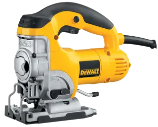 Yellow DEWALT DW331K jigsaw power tool with black handle and cord, shown on a white background.