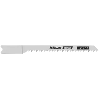 A single metal scrolling wood saw blade with sharp teeth, designed for woodworking, branded with DEWALT logo.
