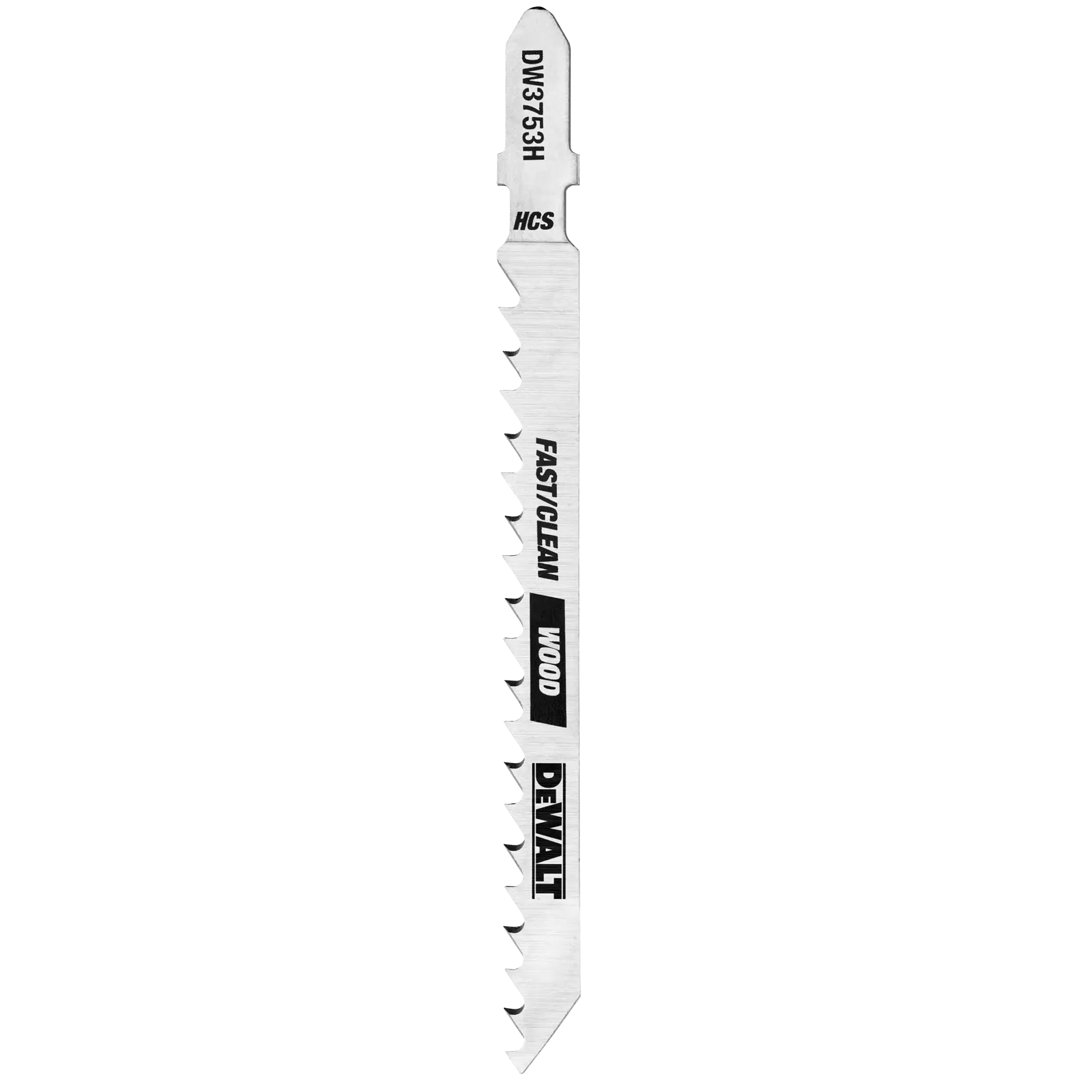 A DEWALT DW3753H jigsaw blade designed for fast and clean wood cutting, showing sharp teeth and product markings.